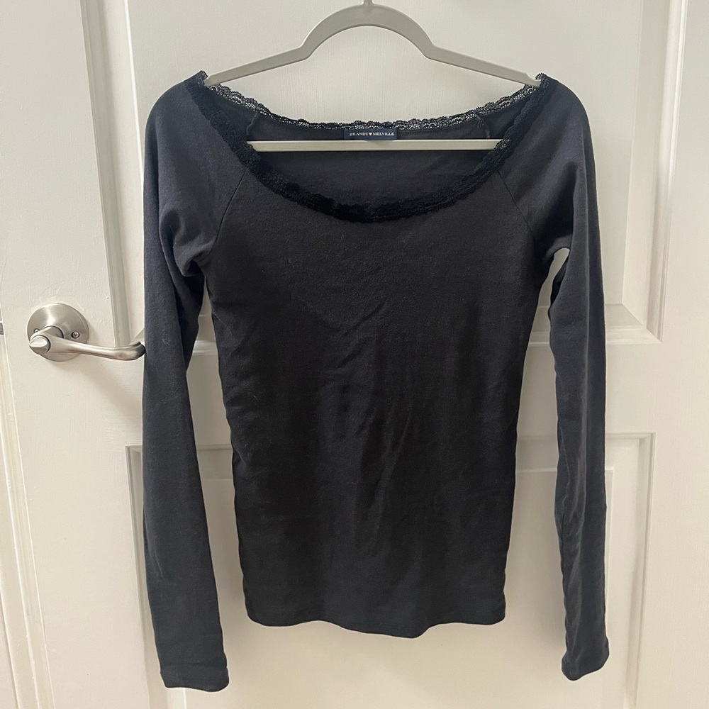 Brandy Melville Black Lace-Trim Off the Shoulder Long Sleeve Top